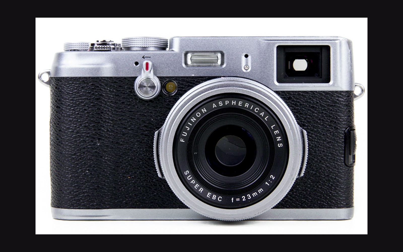 Front view of a Fujifilm X100 compact camera with its Fujinon aspherical lens