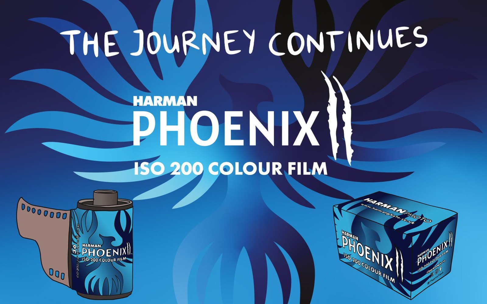 Harman Phoenix II ISO 200 colour film canister and box against a phoenix graphic