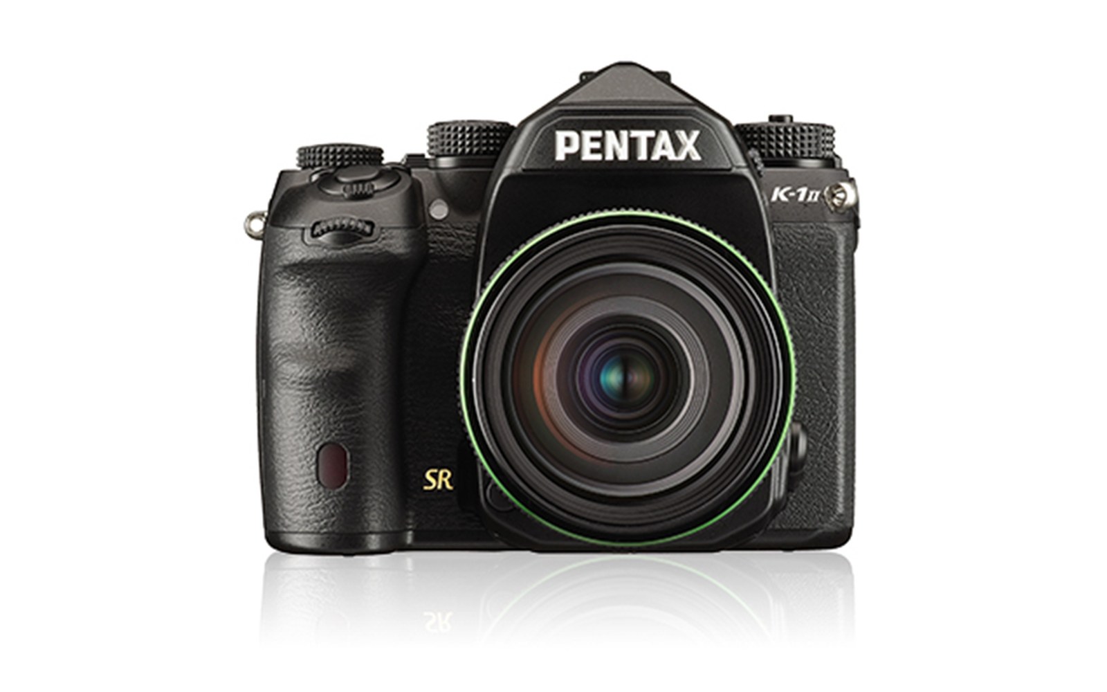 Front view of a Pentax K-1 II DSLR camera with lens attached, facing the viewer