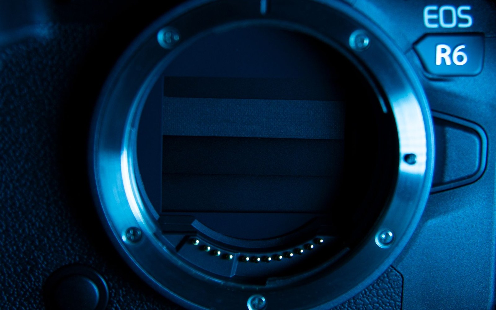 Close-up of a Canon EOS R6 mirrorless camera's lens mount showing the image sensor and electronic contacts